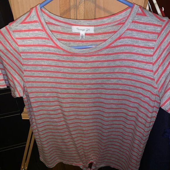 Coral and Grey Striped T - Shirt Girls - Size L - Picture 2 of 4